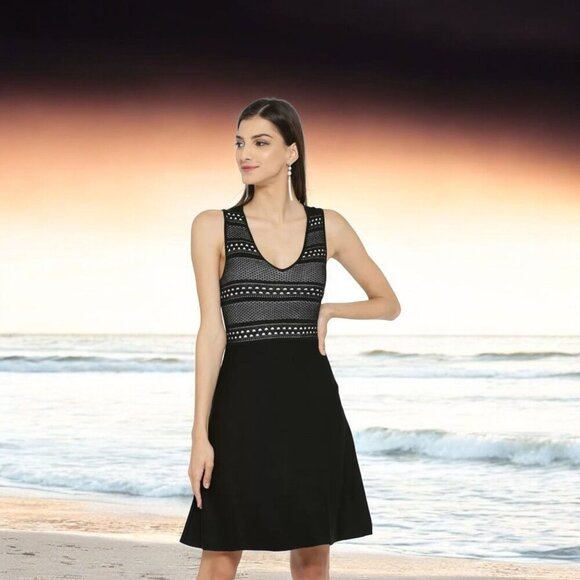 BCBGeneration ✦ Fit & Flare Knit Mini Dress ✦ Black & White V-Neck Sleeveless XS - Picture 10 of 14